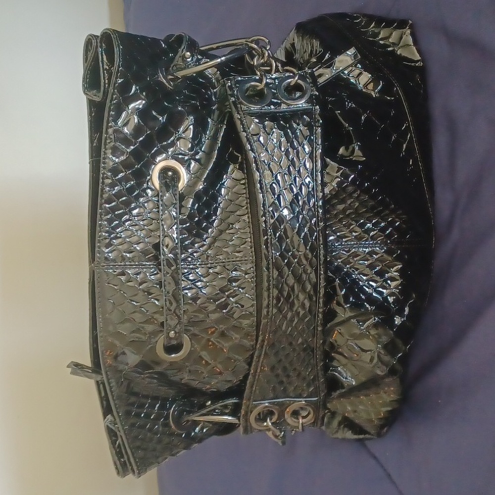 EUC Big Buddha Shiny Black Mock Croc Tote